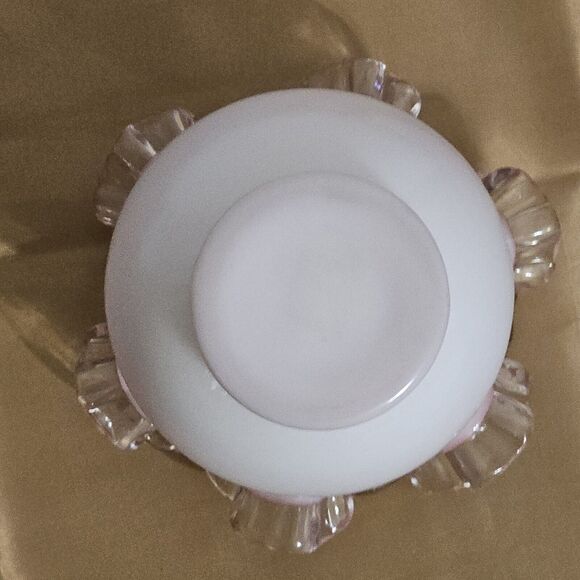 Vintage FENTON Cased Milk Glass Silver Crest White Rose Bowl Pink Ruffled - Picture 6 of 10